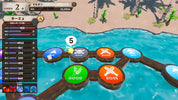 A 3D digital game screenshot showing a character standing in turquoise water near a sandy beach, with a wooden platform made of circular buttons labeled GOOD, BOSS, and others. The left side has a vertical status panel with Japanese text and bars, and the top shows game UI elements.