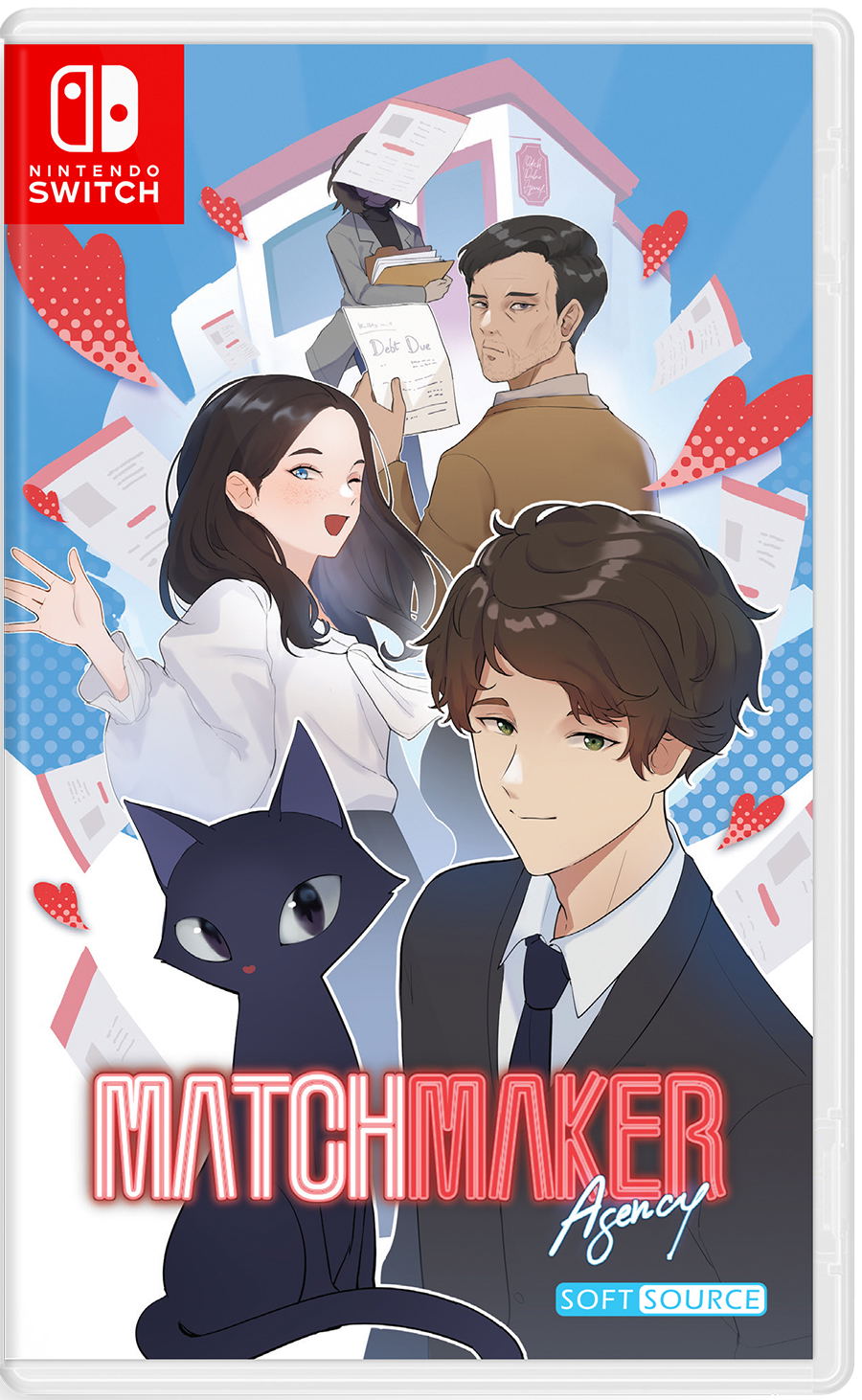 Nintendo Switch game cover for 'Matchmaker Agency' with animated characters and a cat.