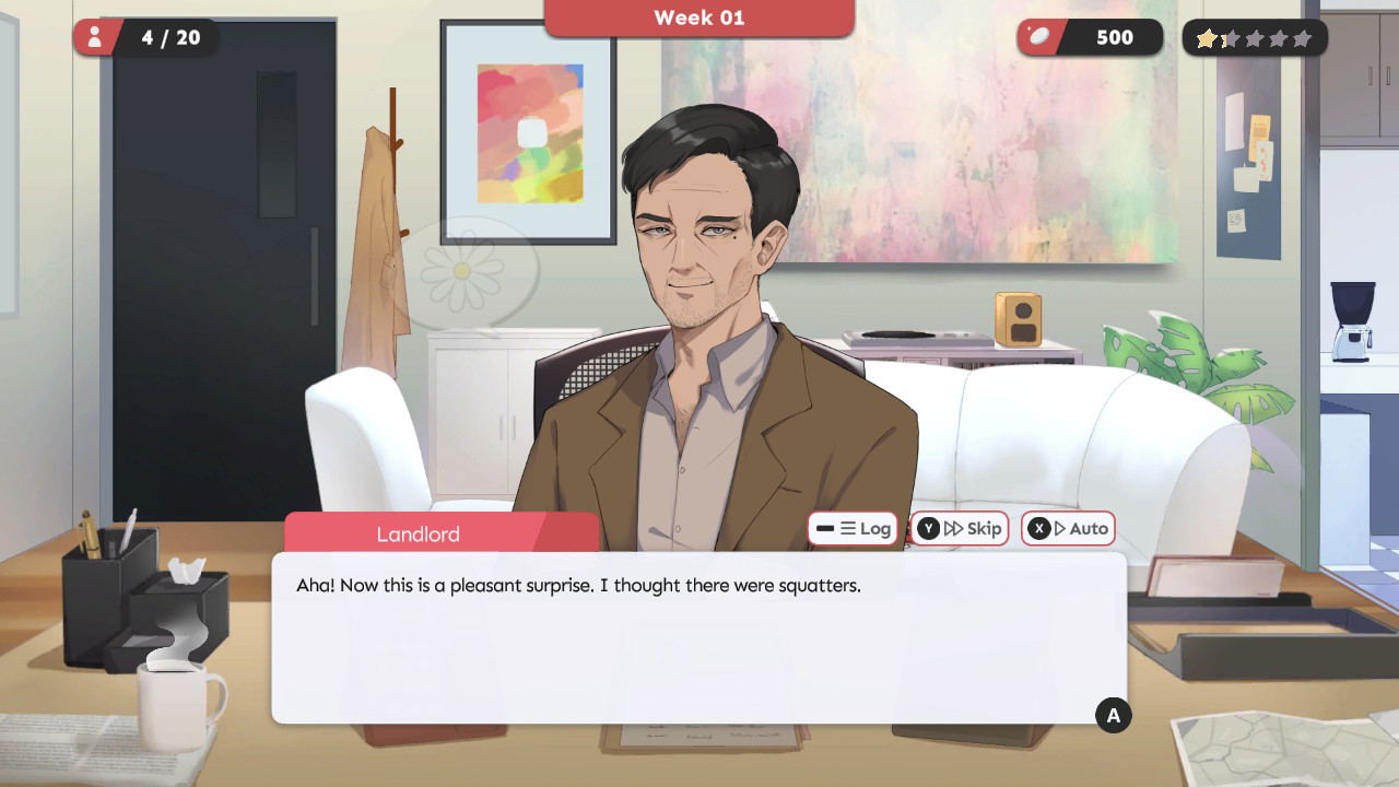 Character in a room with office furniture and decor, interacting in a video game interface.