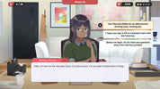Character in a video game setting with a dialogue box on a desk.