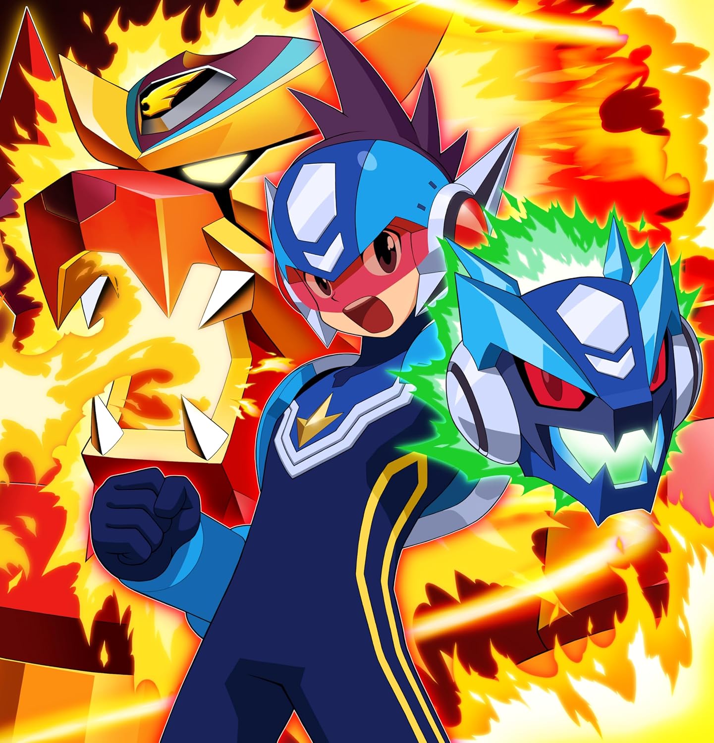 Animated character with a fiery background and another character in the foreground