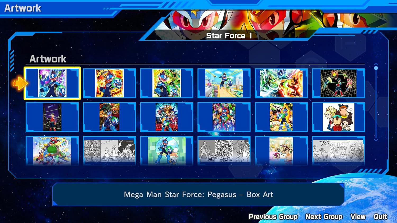 Screen displaying 'Mega Man Star Force: Pegasus' artwork with various character images on a blue interface.