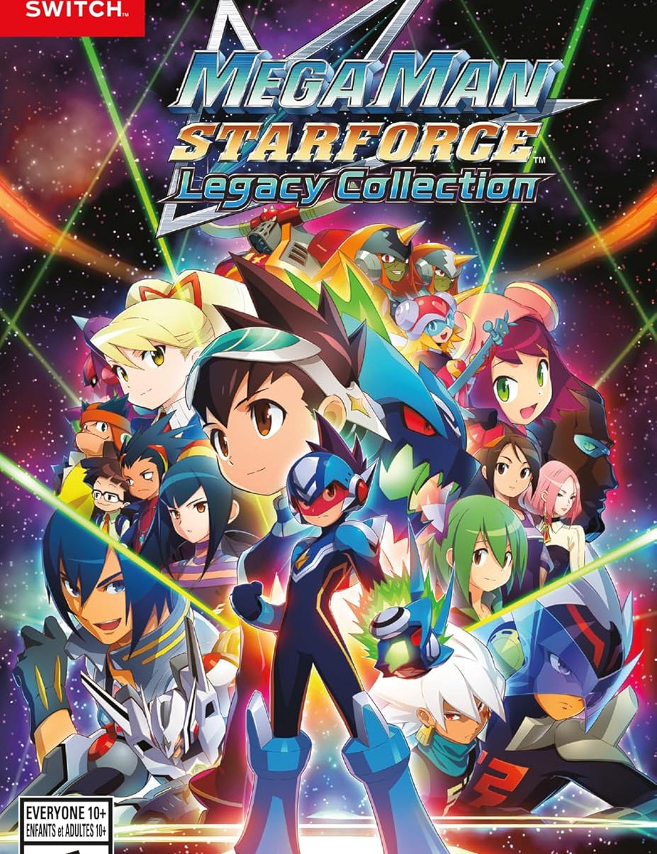 Cover of 'Mega Man Starforce Legacy Collection' for Nintendo Switch with characters and colorful design.