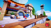Video game scene with a character in a blue hat and outfit on a wooden platform.