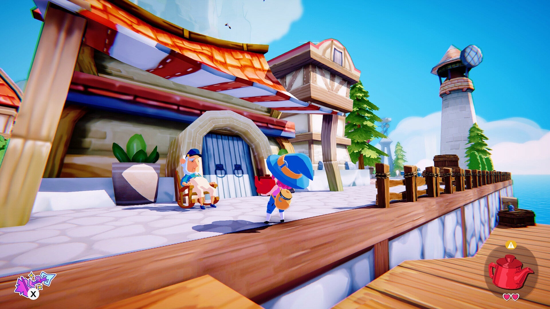 Video game scene with a character in a blue hat and outfit on a wooden platform.