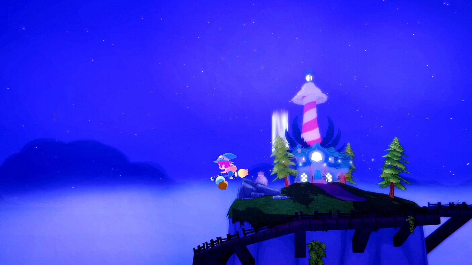 Animated character standing on a platform with a lighthouse at night