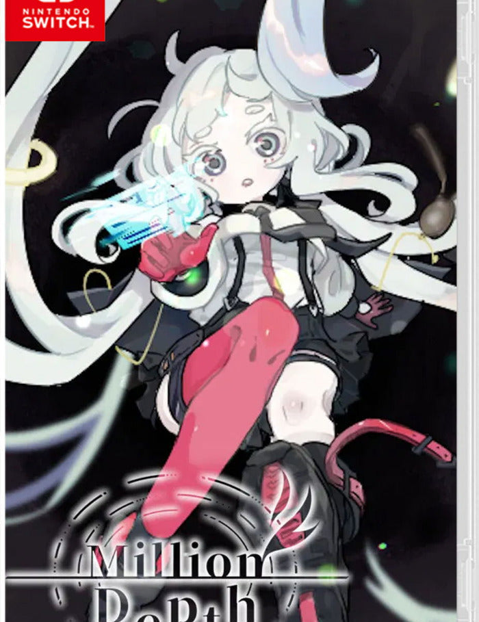 Nintendo Switch game case cover for 'Million DePth' featuring an anime-style illustration of a character with long white hair, a pink thigh-high stocking, and a futuristic bladed glove against a dark background with glowing green particles.