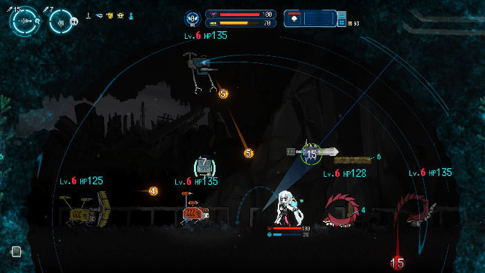 A screenshot from a dark action RPG game showing a character standing on a bridge in a nighttime forest-like environment, with multiple enemies, health bars, level indicators, and circular UI elements around the screen.
