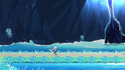 A stylized 2D pixel-art scene showing a small character standing in a bright blue and green field, with dark rocky cliffs and a tall spire in the background.