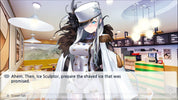 Anime character in a futuristic outfit standing in a modern restaurant.