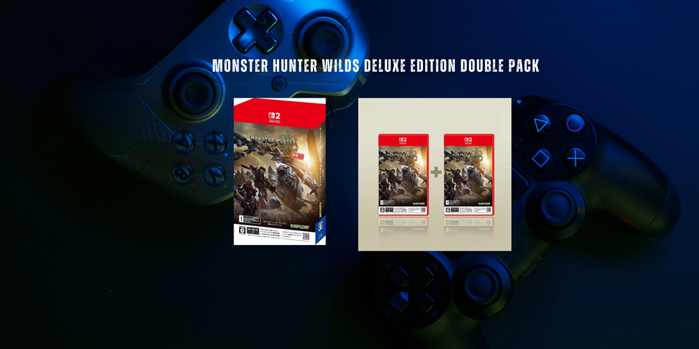Promotional graphic for a Monster Hunter Wilds Deluxe Edition Double Pack, showing two game boxes and two game cases on a dark blue background with a blurred game controller. Text at the top reads 'MONSTER HUNTER WILDS DELUXE EDITION DOUBLE PACK'.