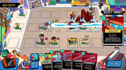 A colorful cartoon battle game interface showing a grid of character cards, a turn counter, and an attack panel with comic-style action effects and text.