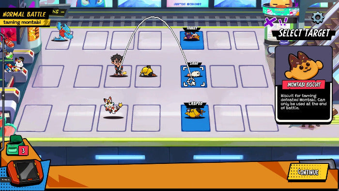 A colorful digital game interface showing a battle grid with cartoon characters, status icons, and a target selection panel on the right.