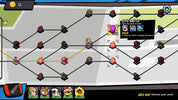 A screenshot of a stylized strategic game map showing a path network with various icons, a character, and an 'Elite Battle' pop-up window. The interface includes a bottom bar with character portraits and a yellow status bar at the top left.