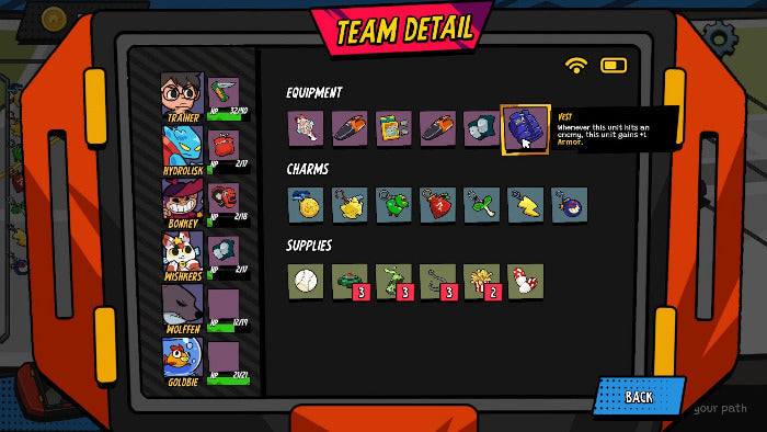 A digital game interface screenshot showing a team detail screen with equipment, charms, and supplies. The screen features a dark gray background with rows of colorful icons representing different items, and a left sidebar with character portraits.