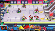 A colorful digital game board or card game interface showing illustrated characters, combat tiles, and action cards in a busy indoor scene with escalators and storefront elements.