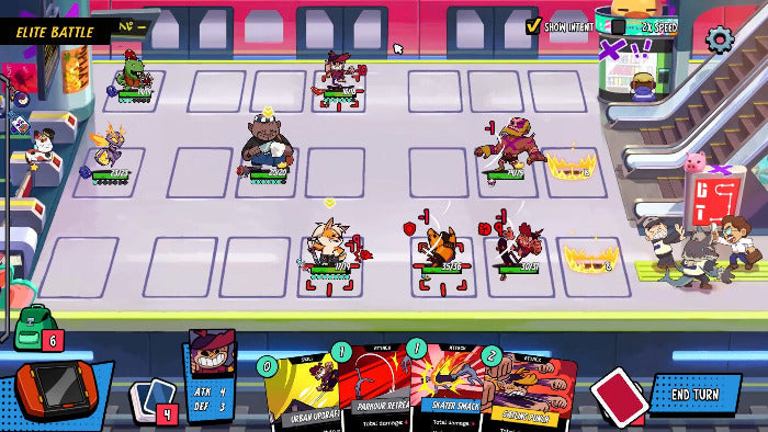 A colorful digital game board or card game interface showing illustrated characters, combat tiles, and action cards in a busy indoor scene with escalators and storefront elements.