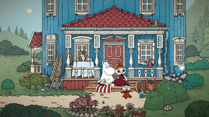 A whimsical illustrated scene showing a large blue house with a red roof, a white character sitting on the front porch, and two small children in the garden. The artwork has a hand-drawn, cartoon-like style with green hills and trees in the background.
