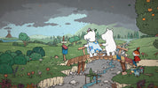 A whimsical illustrated scene showing two white cartoon animals standing on a wooden bridge over a stream, with a small child in a red outfit on the right and a lush green landscape under a dark cloudy sky.