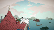 A stylized illustrated scene showing three white cartoon characters standing on a red-tiled roof beside a body of water, with mountains, small houses, and a pale sky in the background.