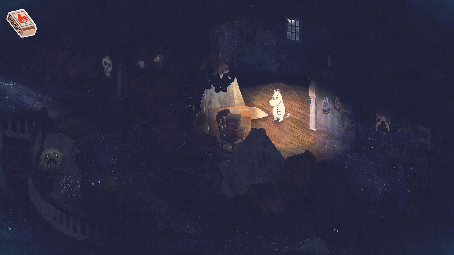 Dark, eerie scene with a small figure inside a house surrounded by shadows and a glowing light.