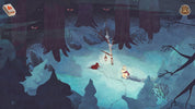 Frozen landscape with two characters near a small fire, surrounded by trees and snow.