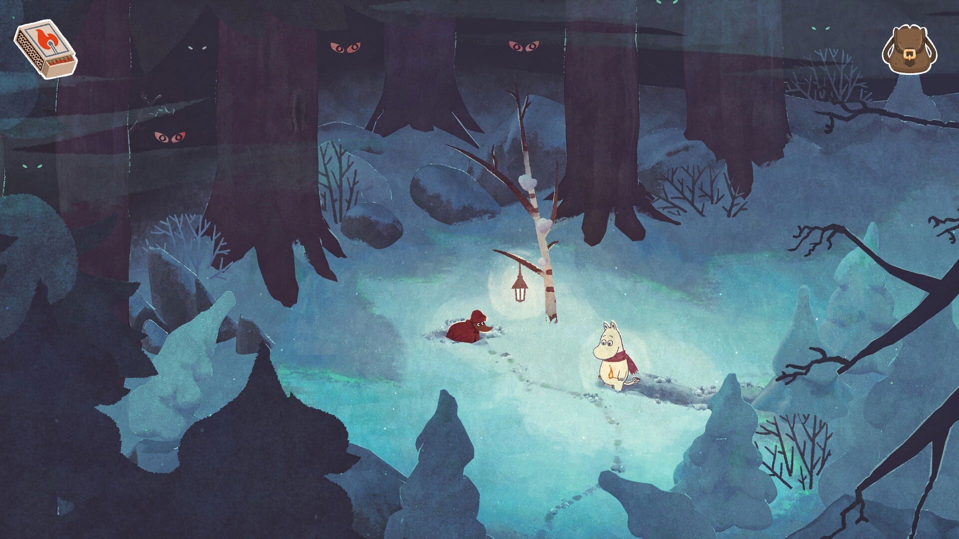 Frozen landscape with two characters near a small fire, surrounded by trees and snow.