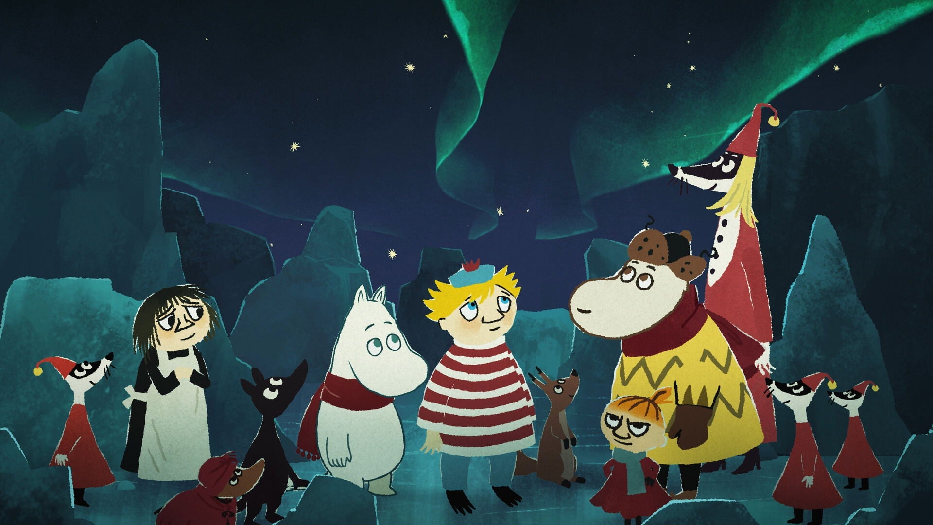 Cartoon characters in a snowy landscape with a fox and a wolf.
