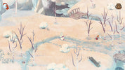 Winter scene with characters near a stream and snow-covered ground