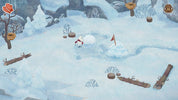 Snowy landscape with a character and various objects in a game-like setting
