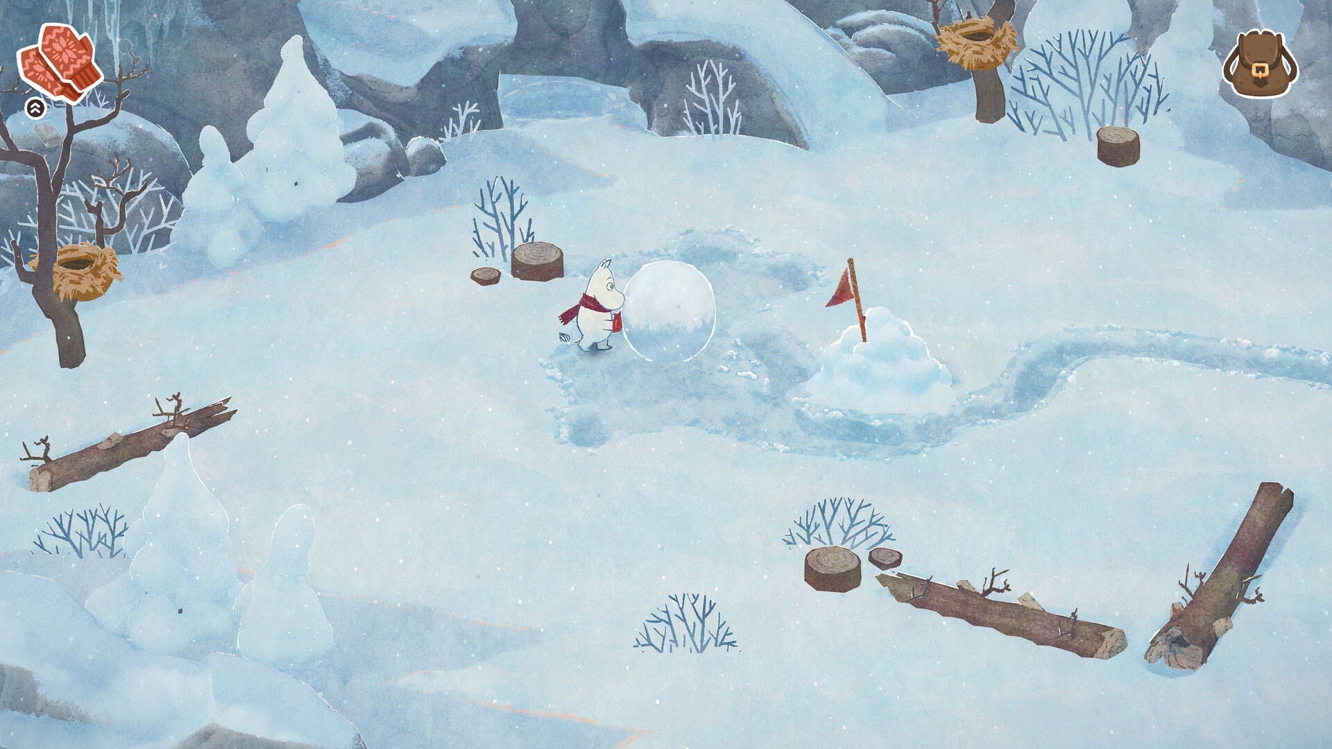 Snowy landscape with a character and various objects in a game-like setting