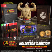 Mortal Kombat Legacy Kollection collector's edition with statue, packaging, and accessories on a dark background.