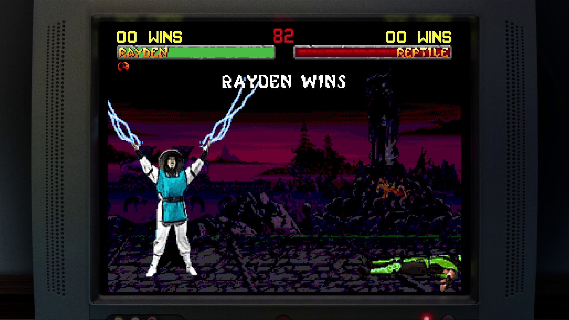 Vintage video game screen showing a character with glowing blue energy weapons against a dark landscape.