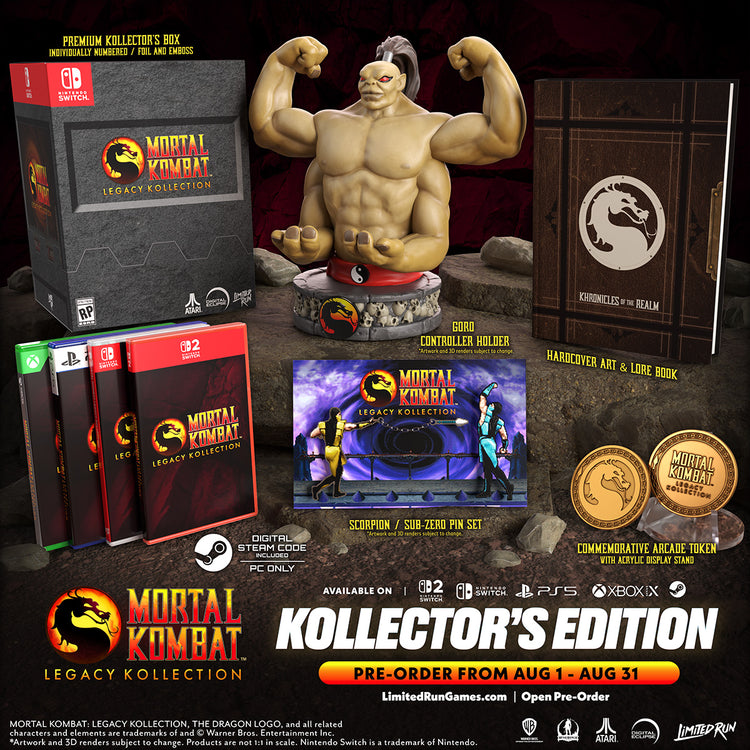 Mortal Kombat Legacy Kollection collector's edition with statue, packaging, and accessories on a dark background.