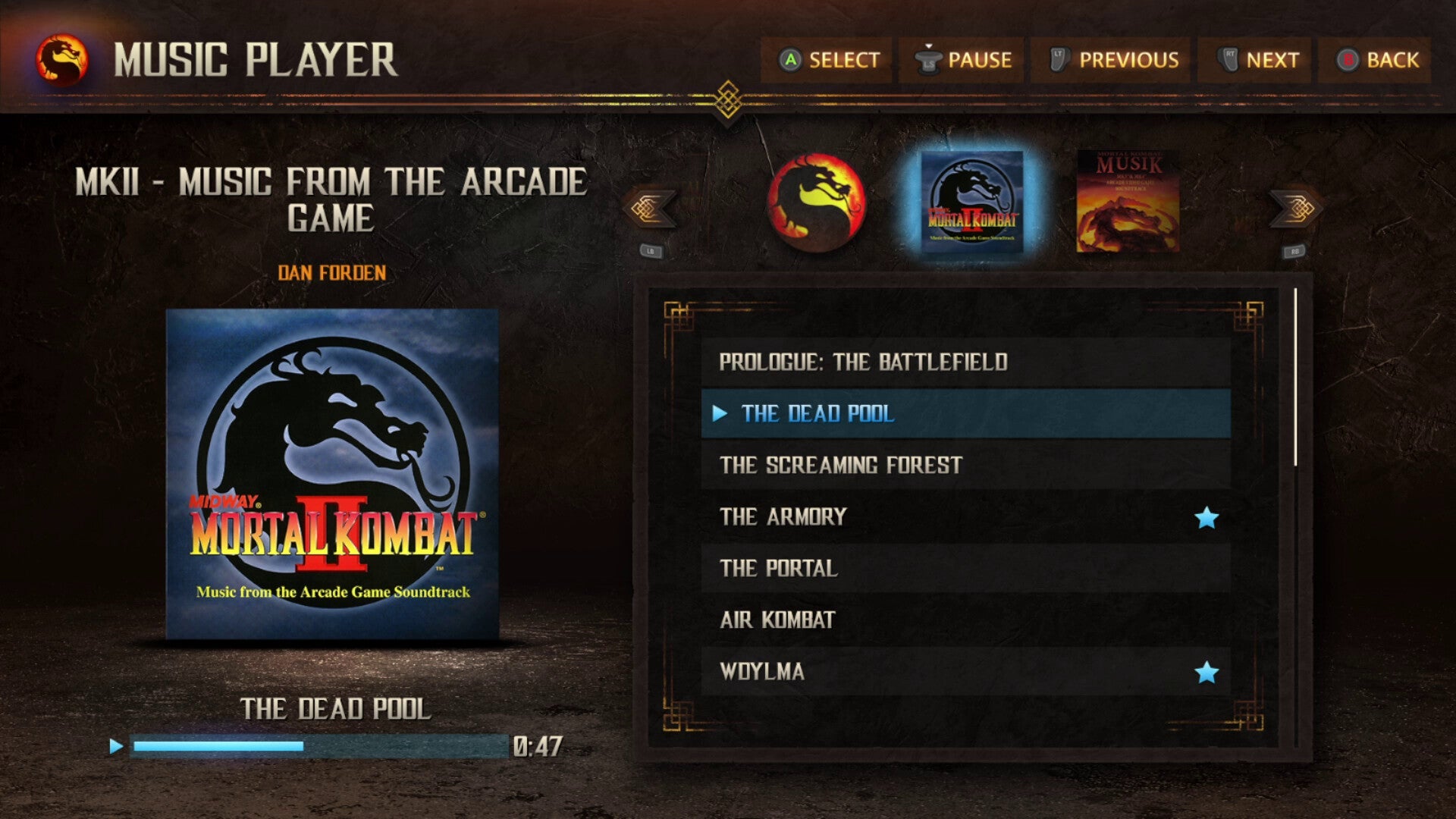 Music player interface for 'Mortal Kombat' with menu options and track selection.