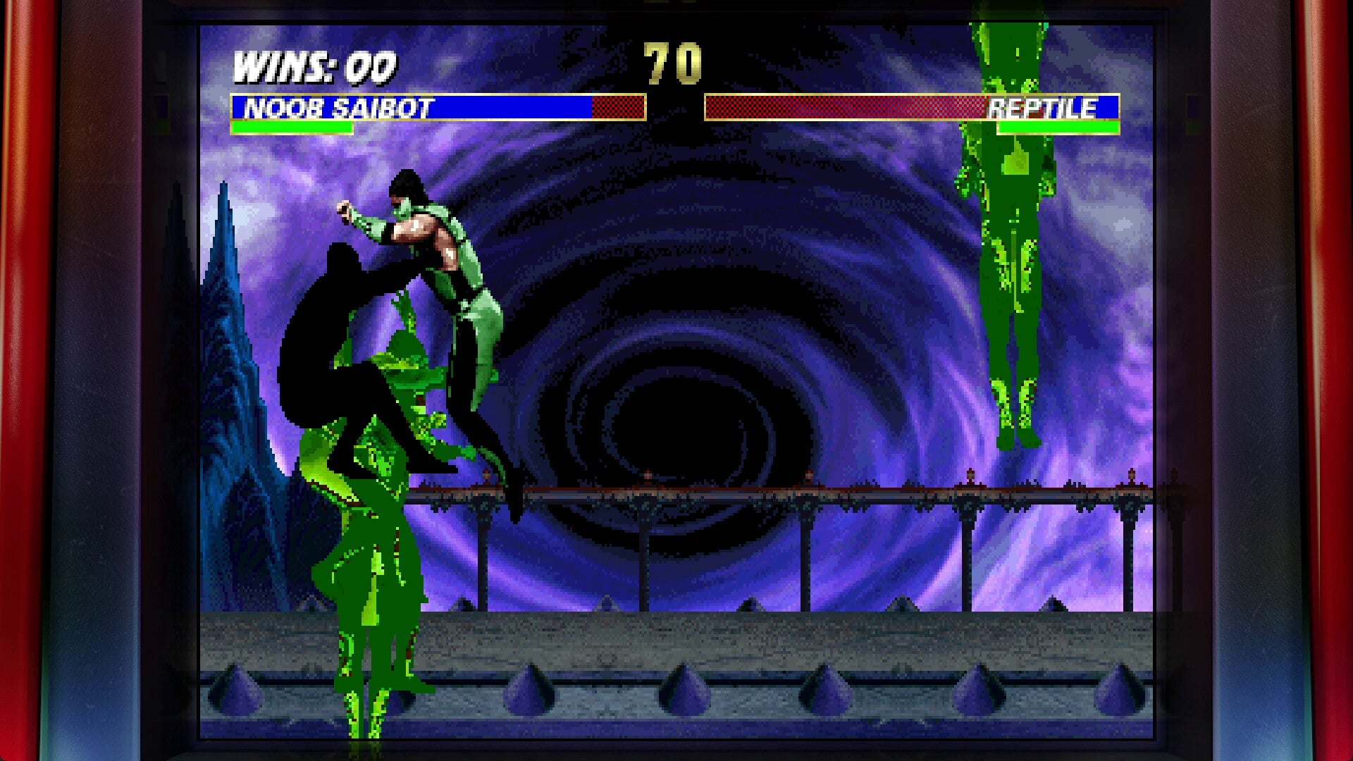 Vintage video game screen showing a fight between two characters with health bars and score.