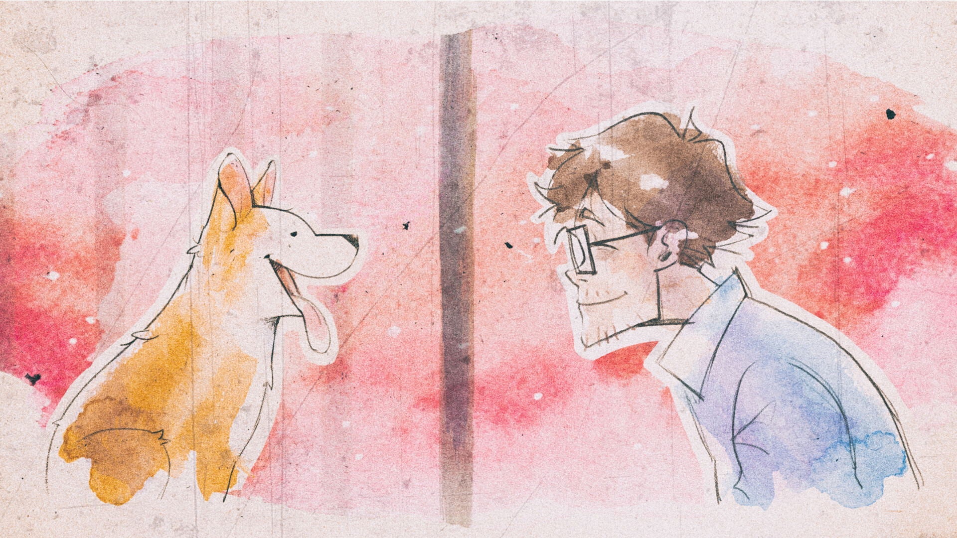 Illustration of a dog and a person with a hat on a pink and red background