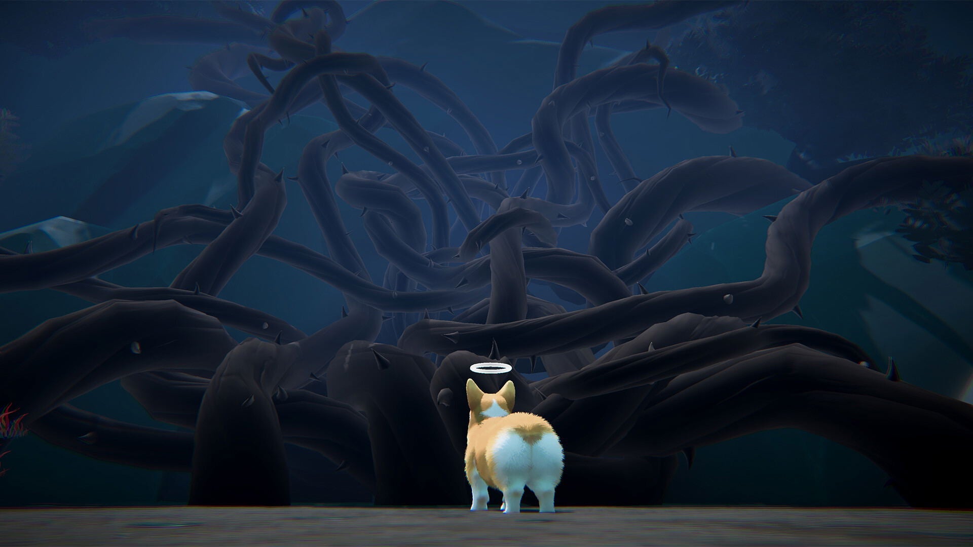 Two cartoon characters standing in front of a dark, underwater scene with tentacles.