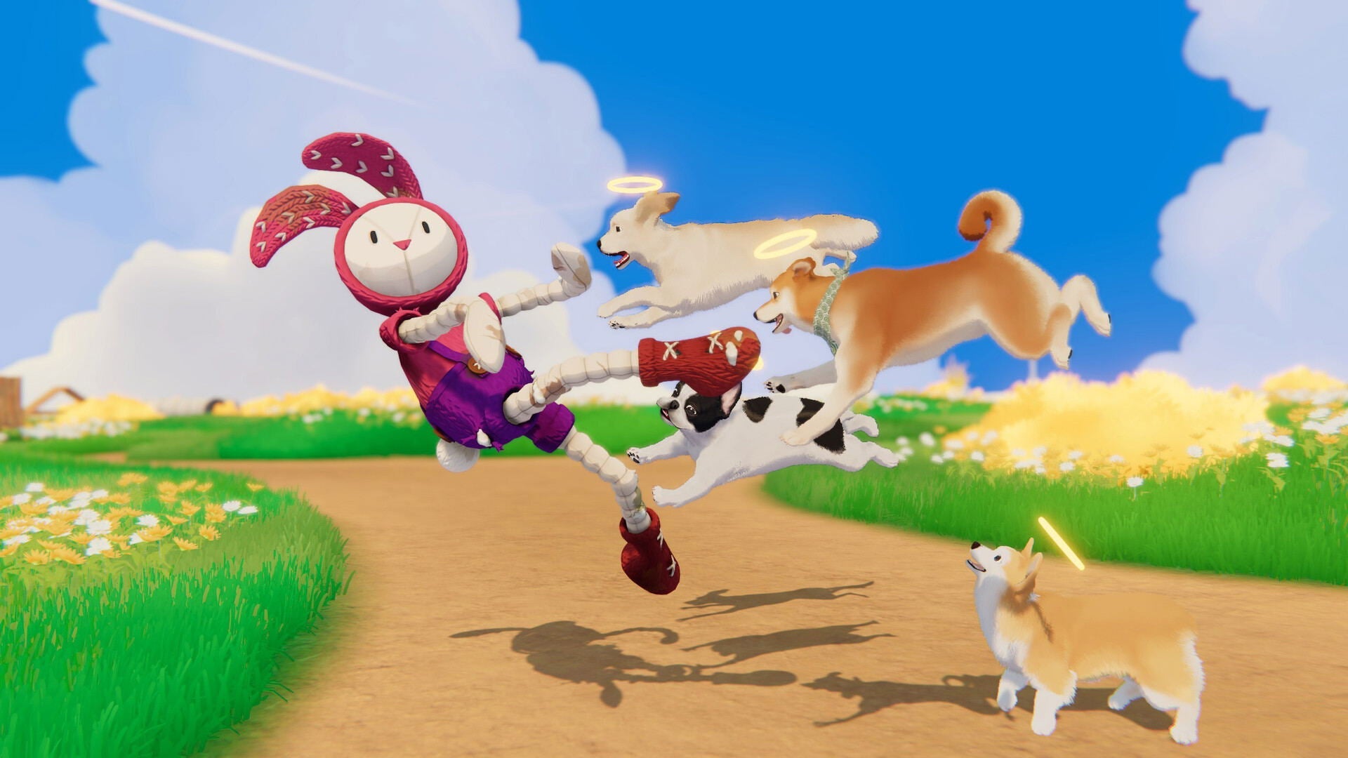 Animated character in a purple outfit with a red hat running on a path with animals in a cartoon-like environment.