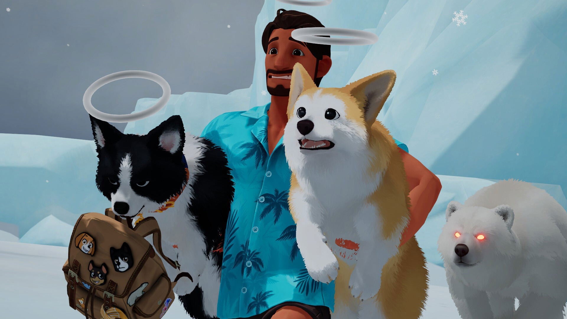 Cartoon characters with a dog, cat, and polar bear in a snowy landscape
