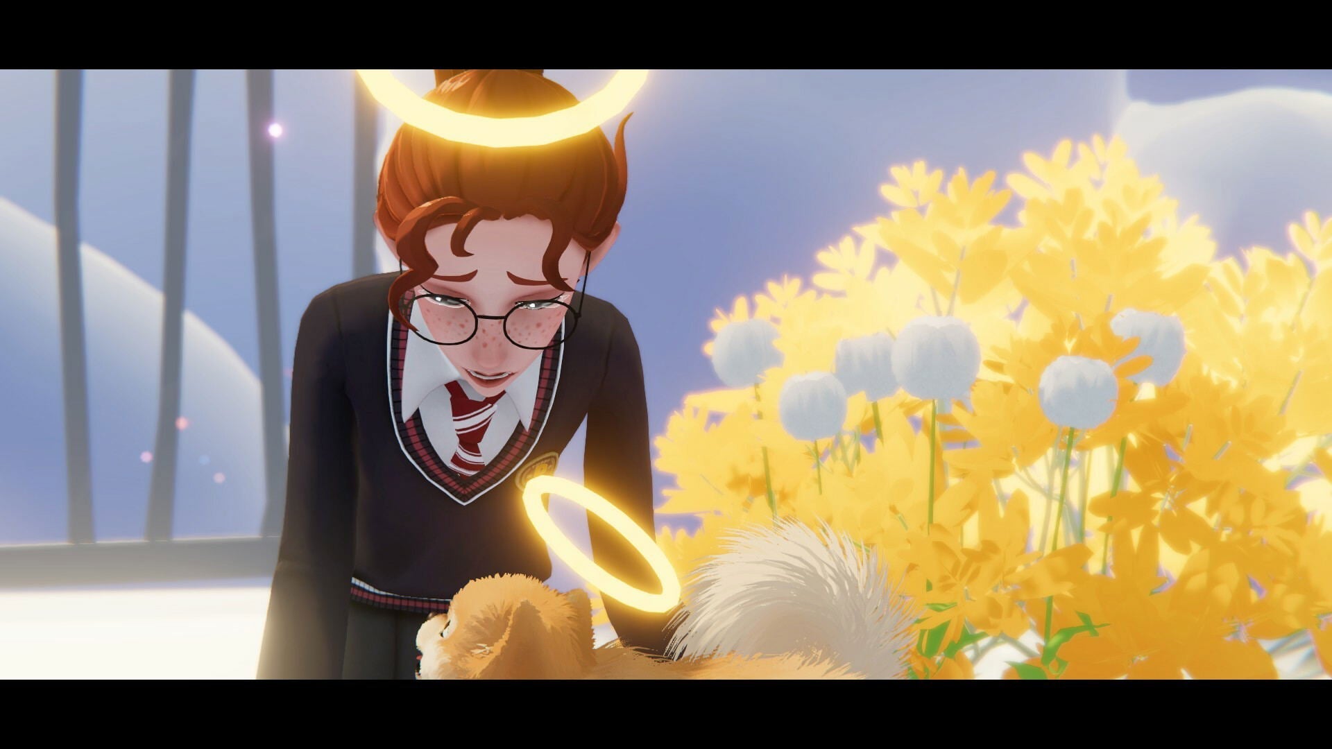 Animated character with a glowing object in a serene outdoor setting