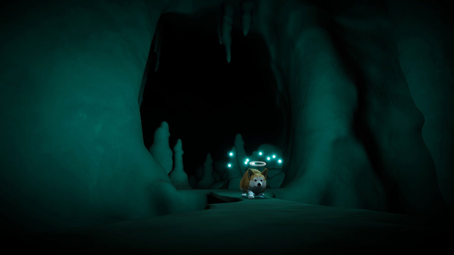 Animated character with a glowing headlamp in a dark, cave-like environment