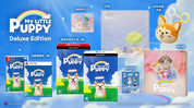 My Little Puppy Deluxe Edition packaging with various items on a blue background