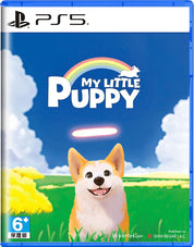 PlayStation 5 game disc cover for 'My Little Puppy' with a dog and rainbow on a blue sky background.