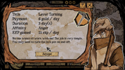 A screenshot of a video game interface showing a job offer titled 'Lever Turning' with payment, duration, affinity, and description text on a parchment-style panel, alongside an illustrated character on the right.
