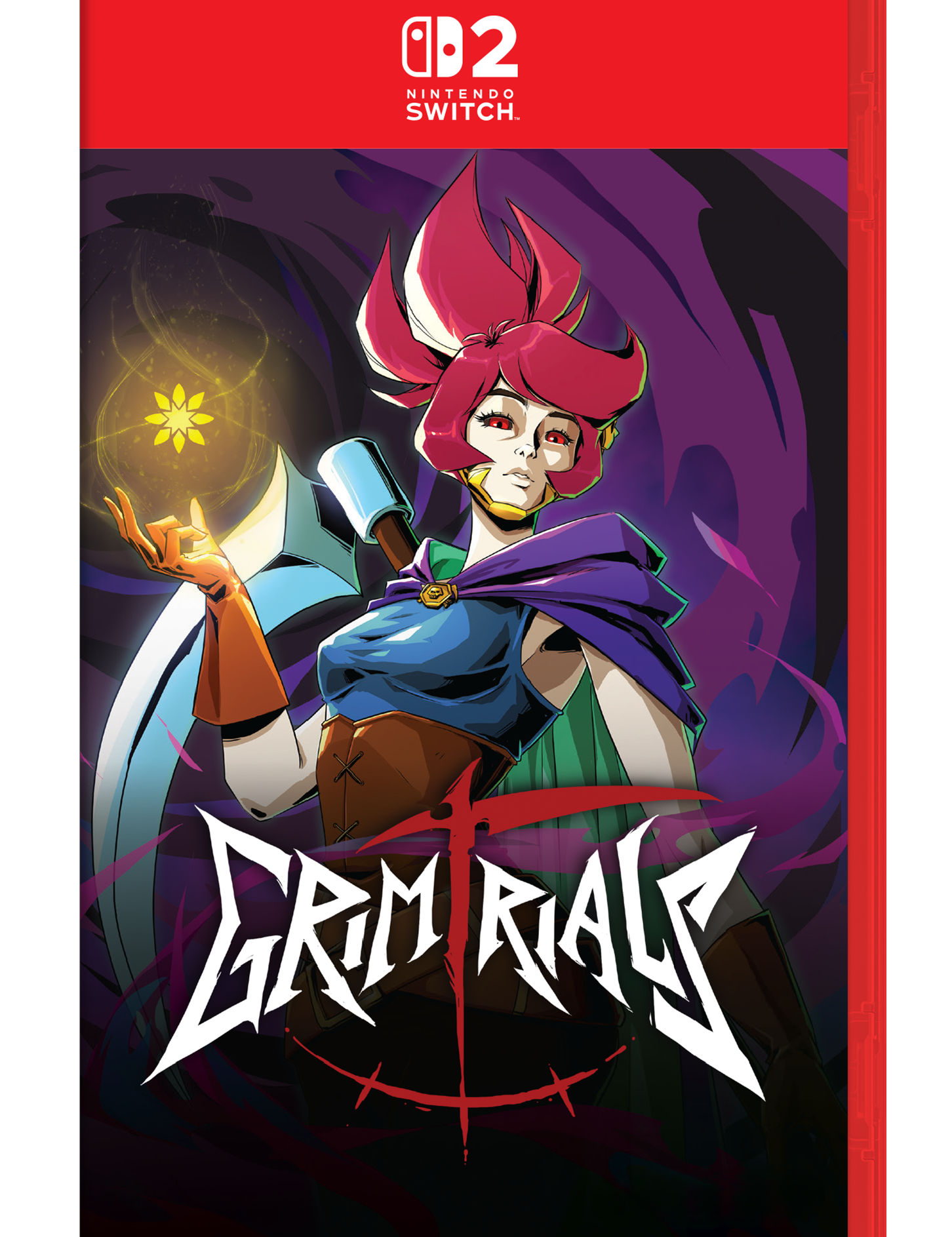Nintendo Switch game case for Grim Rials, featuring stylized cover art of a character with pink hair and a purple cape against a dark purple background, with the Nintendo Switch logo at the top.