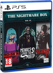 PS5 game case for The Nightmare Box Vol III, featuring artwork for Menace from the Deep, Stasis, and a pixel-art character with blue hair. The PS5 branding and a PEGI 18 rating logo are visible on the front and spine.