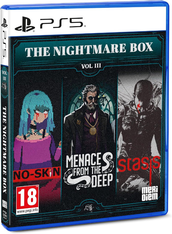 PS5 game case for The Nightmare Box Vol III, featuring artwork for Menace from the Deep, Stasis, and a pixel-art character with blue hair. The PS5 branding and a PEGI 18 rating logo are visible on the front and spine.