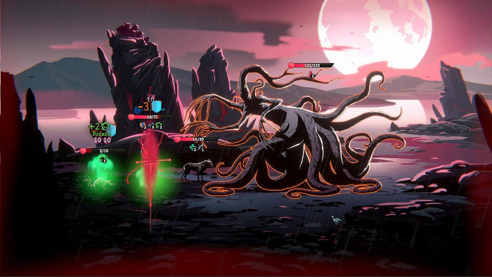 Video game scene with a large octopus-like creature and glowing green enemies in a desert landscape.