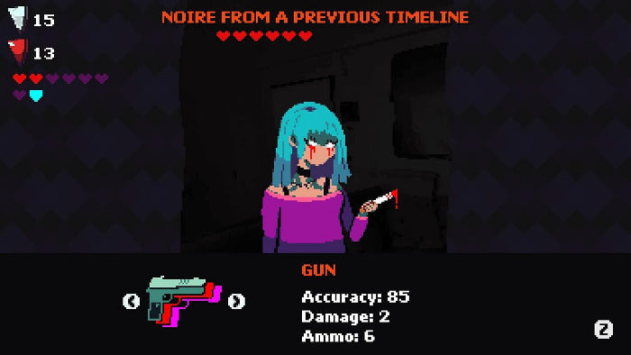 Pixel art style game scene showing a character with bright blue hair in a purple top holding a gun, with on-screen UI elements including health hearts, text reading 'NOIRE FROM A PREVIOUS TIMELINE,' and weapon stats at the bottom.